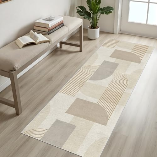 RJHDJSA Küchenteppiche läufer - Teppich 60x120 cm, Geometrisch Läufer Flur rutschfest, Abstrakt Streifen Teppich Küche Waschbar rutschfest, Extra Dünn Weich Cremefarben Bettvorleger für Schlafzimmer