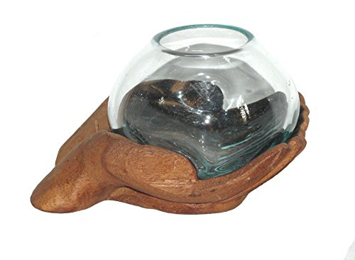 Glas Schale Vase auf geschnitzten Holz-Händen (ca. 20 X 16 cm). Ø Glas ca 15 cm Holzskulptur spezielles Deko - Accessoire