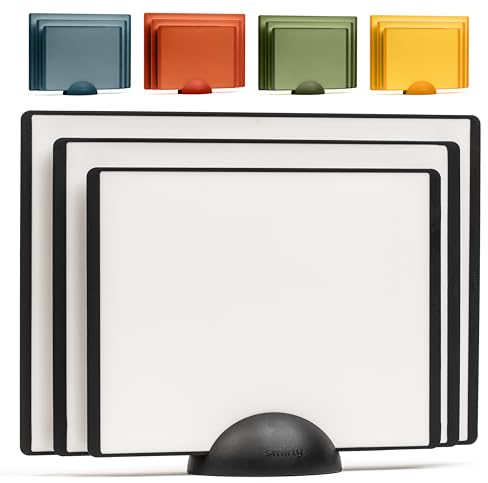 SMIRLY Plastic Cutting Board Set with Holder 3 Pieces, Non-Slip Dishwasher Safe Chopping Boards for Kitchen, Black & White