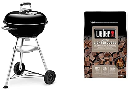 Weber Compact Kettle Charcoal Grill, Ø 47 cm, Black (1221004) & 17612 Lighter Cube, Mixed, 38x17x5 cm