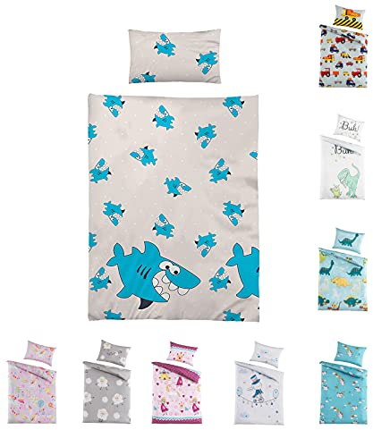 BaSaTex Kinder Baby Bettwäsche Set für Mädchen und Jungen | 100x135 cm + 40x60 cm | 100% Polyester Mikrofaser | Reißverschluss | Sharky Hai| blau/Silber