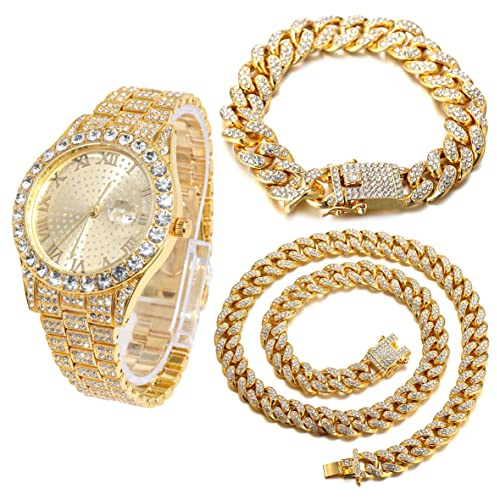 Halukakah DiamantGuldkLocka, Män 18K Guldpläterad 42mm bred rund urtavla kvarts Armband 24cm medlänk kedja 45cm Halsband + 20cm Armband, med presentförpackning