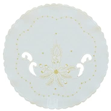 Tischdecke Tischläufer Mitteldecke Deckchen Stern Weihnachten Bestickt mit Kerzen in Gold auf Creme farbigem Untergrund (30 cm rund)