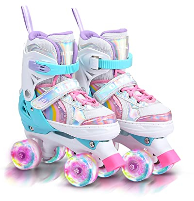 OLYSPM Rollschuhe Kinder Rollschuhe Verstellbar Rollschuhe Damen,LED Rollschuhe und 4 Größen verstellbar,Rollschuhe mit Aufbewahrungstasche für Mädchen,Jungen und Anfänger(Rosa)