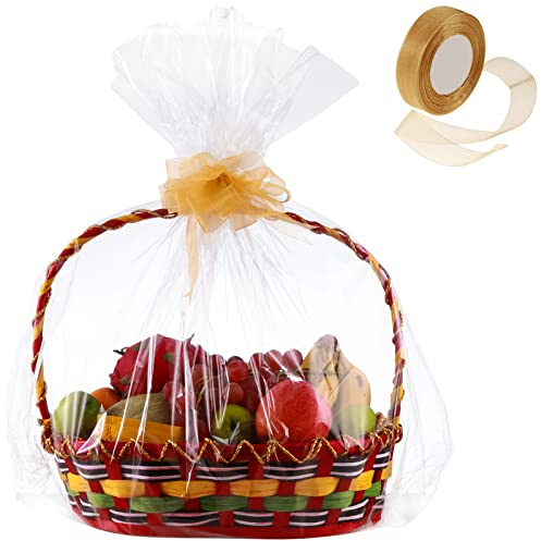 Lot de 50 sacs en cellophane transparent 61 x 76,2 cm + ruban en mousseline de soie doré clair