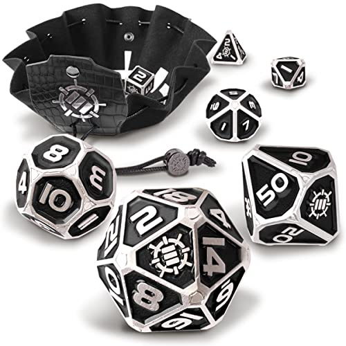 ENHANCE Würfelset aus Metall – 7 polyedrische Würfel mit 2-in-1-Würfeletui und Würfeltablett aus veganem Leder, Würfel aus massivem Metall für Dungeon and Dragon RPG (Schwarze Sammleredition)
