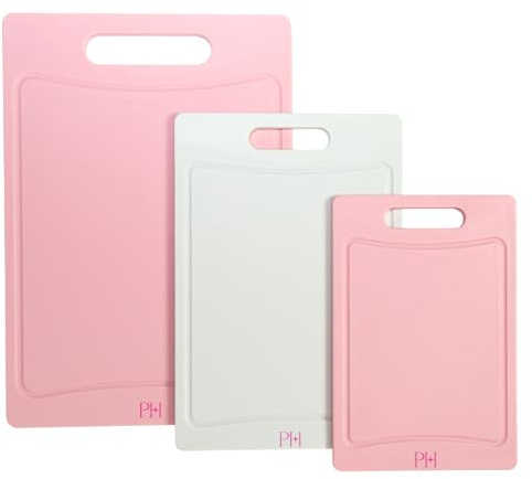 Paris Hilton Cutting Boards, Dual-Sided Cutting Board Set with Built-in Juice Grooves, Easy-Grip Handles, Heavy-Duty Plastic Made without BPA, Dishwasher Safe, 3-Piece Set, Pink and Cream