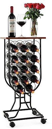KOMFOTTEU Portabottiglie per 14 bottiglie con ruote, supporto mobile per vino con telaio metallico e tavola in legno, organizer per vino per sala da pranzo, bar, cantina, 39 x 30 x 76 cm