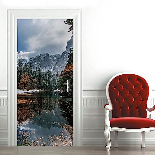 A.Monamour Türtapete Selbstklebend Türfolie Türposter 3D Winter Berg Landschaft Mit Wald Und See Natur Vinyl Folie Türdeko Tapete Wandbild Türaufkleber Türtattoo 90x200cm