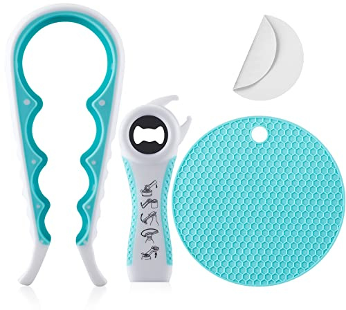 Jar Bottle Opener for Weak Hands,4 &5 in 1 Multi Function Non-Slip Can Lid Opener Tools with Silicone Jar Gripper Pad,Suitable for Seniors,Children and Arthritic Hands (Lake Green)