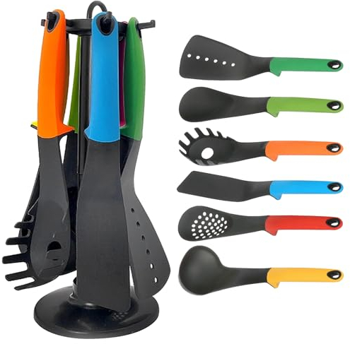 Daniel James Kitchen Utensil Set - 6 Piece Non Stick Cooking Tools with Rotating Stand - Heat Resistant Cookware with Ergonomic Handles and Carousel Holder - Multicoloured