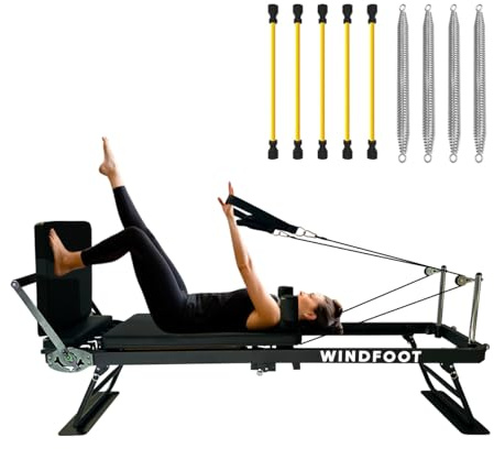 WINDFOOT Pilates Reformer Machine Equipment with 4X22LB Springs & 5X11LB Cords for Home Workout, Foldable Pilates Equipment with Jump Board for All Level Users (Black)