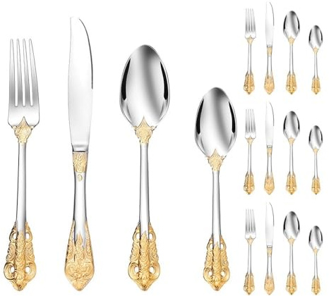 Royal Shang Youpin Vintage en Relief Ou Fleur Cuisine en Acier Inoxydable Argenterie Vaisselle Couverts Ensemble De Couverts Couteau À Steak Fourchette Cuillère Cuillère À (Or, Argent,16 pièces)