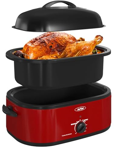 Royalcraft Roaster Oven with Self-Basting Lid, 18qt Electric Roaster with Removable Pan & Rack, Turkey Roaster Oven with Defrost & Warm Function, Stainless Steel, Red