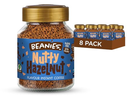 Beanies Instant Coffee Nutty Hazelnut Flavour, 400g 50g x 8 Pack - Freeze Dried Granules, Sugar Free Low Calorie Coffee, Nut Free, Vegan Friendly, Clean Everyday Wellness Drink