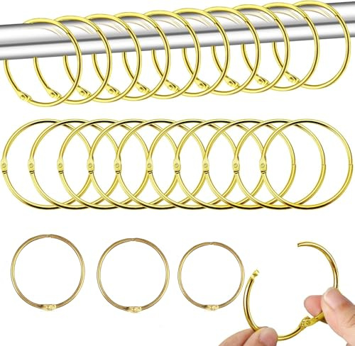 24 Stück Vorhangringe Metall, 50mm Gardinenringe zum Öffnen, Duschvorhang Ringe, Vorhang Hängend Ringe für Duschvorhänge und Gardinenstangen Buchringe (Gold)