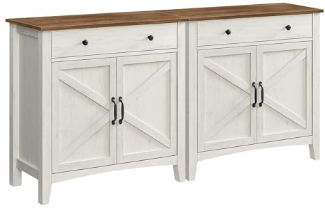 VASAGLE Küchenschrank 2er Set, Sideboard mit Schubladen, Aufbewahrungsschrank mit Türen, verstellbare Ablage, Landhausstil, für Wohnzimmer Küche Esszimmer, vintageweiß-honigbraun BBK791W01