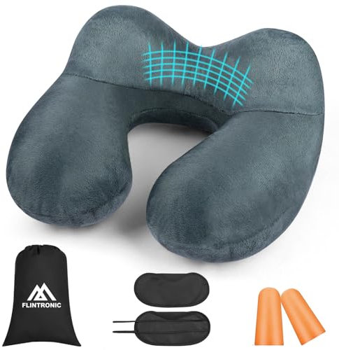 flintronic Nackenkissen Aufblasbar, Aufblasbares Kissen, Nackenhörnchen Egornomische Kopfstütze mit Samtweichem Waschbarem Bezug für Nacken, Kinn, Kopf Stützen, für Camping, Reisen (Dunkelgrau)
