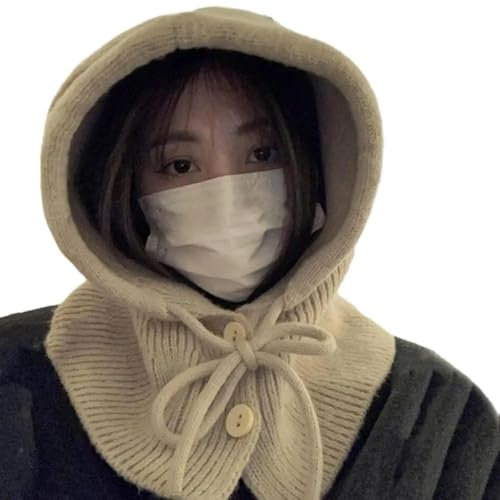 YUECIBAI Fliegermützen Frauen Hut Schal Set Mit Kordel Zug Slouchy Warm Kapuzen Schal Strick Pullover Hut Kostüm Zubehör Khaki