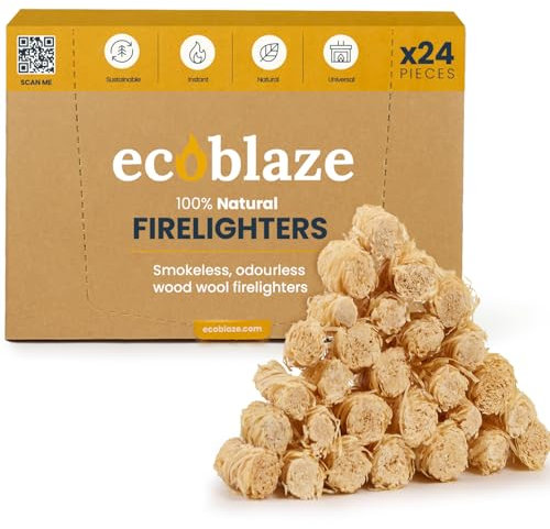 Ecoblaze Natural 24 Firelighters - Fire Lighters for BBQ, Pizza Oven, Fire Pits - Wood Wool Fire Starters - Perfect for Garden Life & Camping, Safe, Clean Wax Coated Instant Firestarter