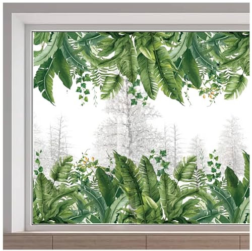 GORGECRAFT 116x38cm Large Tropical Leaf Window Decals Green Plants Window Clings Reusable Static Window Sticker Non Adhesive Double-Sided Glass Film for Home Glass Sliding Door Decor