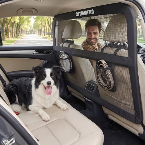 CJYMMFAN Barrière pour chiens pour voiture siège arrière et coffre avec une couverture plus large, ajustement universel pour voiture et SUV, barrière de séparation pour chiens avec filet transparent