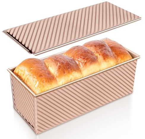 Dipanist Pullman Loaf Pan with Lid, Non-Stick Carbon Steel Bread Pan for Homemade Sandwich & Sourdough Bread, 1lb Dough Capacity, Corrugated Toast Box Mold, Gold