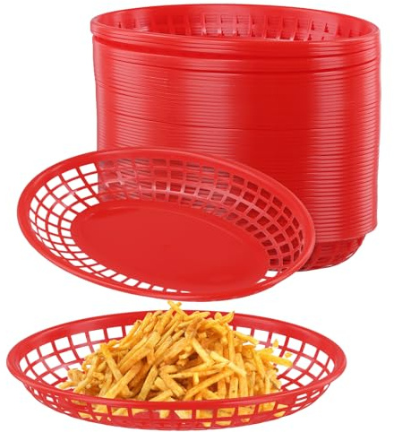 PUCSIQ Lot de 50 corbeilles de service ovales en plastique - Rouge - Petite taille - Rouge - Pour hamburgers, sandwichs, hot-dog, frites