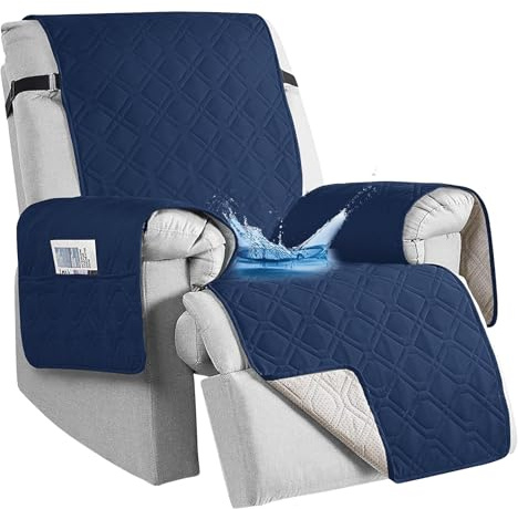 QQJIN 100% Waterproof Recliner Chair Cover with Pockets, Elastic Strap, Non-Slip Recliner Armchairs Covers, 1 Seat Anti-fouling Recliner Cover for Kids, Dogs, Pets,Blue,1 Seater