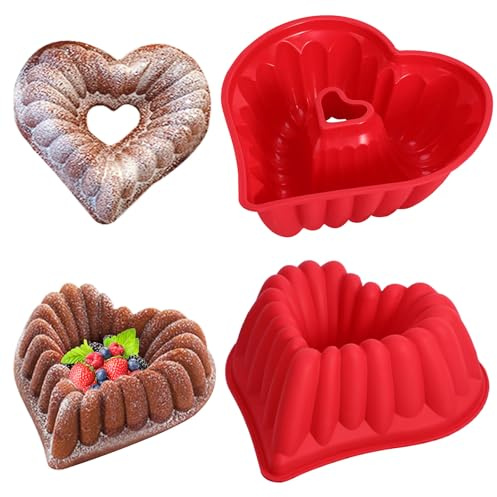 Herzförmige Kuchenformen, geriffelte Kuchenform für Valentinstag, Weihnachten, Hochzeit, Party, antihaftbeschichtet, robuste Silikon-Kuchenform (rot), 2 Stück