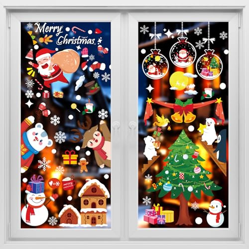 SLWOO Fensterbilder Weihnachten Selbstklebend, 156 Stück Fensterdeko Weihnachten mit Schneeflocken Weihnachtsbaum Kugeln, Wasserdicht, PVC, Weihnachtsgeschenke Aufkleber für Fenster Tür Weihnachtsdeko