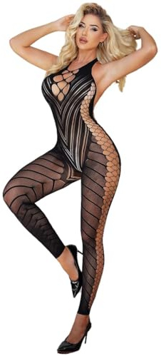 Bommi Fairy Women's Babydoll Clubwear Sexy Lingerie One-piece Mesh Bodysuit Halter Sexy Outfit Jumpsuit (Black, S-XL)