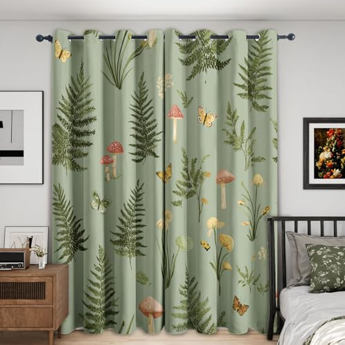Sage Green Fern Leaf Curtains for Bedroom 46x54, Botanical Mushroom Curtains Blackout Living Room Home Decor, Printed Window Eyelet Drapes 54 Inch Drop 2 Panels - Yz244