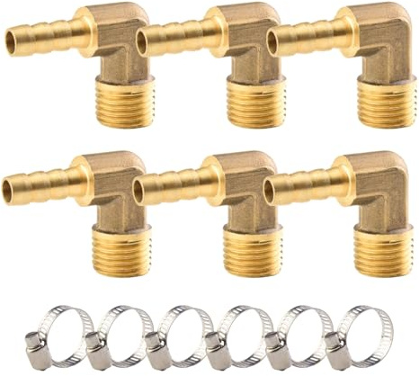 ANGEEK 6 stycken 1/4 tum yttre gänga vinkel 90° mässing slanganslutning, PT 1/4 tum x 6 mm koppling, slanganslutning, kontakt adapter, slangadapter med 6 stycken slangklämma
