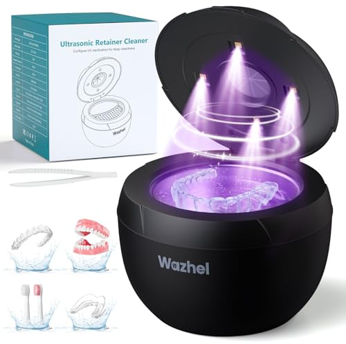 Wazhel Ultrasonic Retainer Cleaner Machine, 45kHz Dental Cleaning Pod for Denture, Mouth Guard, Night Guard, Aligner, Braces, Toothbrush, 200ML Denture Cleaner with Digital Timer & 4 Modes, Black
