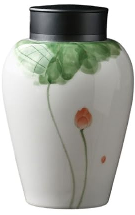 SOBOLON Contenedor de azúcar, lata de café, contenedor de almacenamiento portátil, pintado a mano, pintura de tinta verde, té de loto verde, latas de cerámica selladas