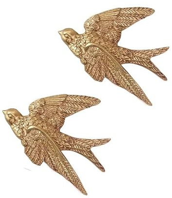 Mrxxjz Vintage Bird Wall Sculptures - 3D Swallow Set of 2 | Antique Brass Finish Ceramic Wall Art Decor, Handcrafted 3D Figurines for Living Room, Bedroom, Entryway as Hanging Ornaments