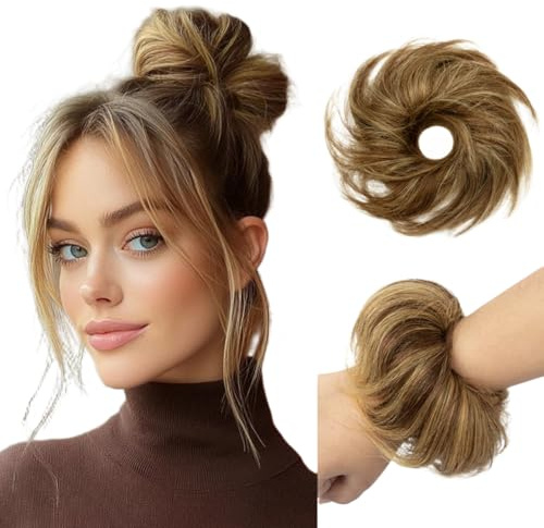 Messy Bun Hair Piece for Women Human Hair Buns Medium Brown Highlights Elastic 1Pcs 100% Real Hair Ponytail Wavy Curly Durable Bun Scrunchies Thick Updo Hairpieces (#P4-27 Medium Brown Highlights)