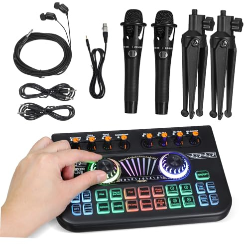 OFFSCH Gaming Voice Changer Dj Mixer Effects Live Sound Card Audio Mixer Dj Equipment Podcast Recording Bundle Podcast Microphone Bundle Microphone Recording Studio Kit Black