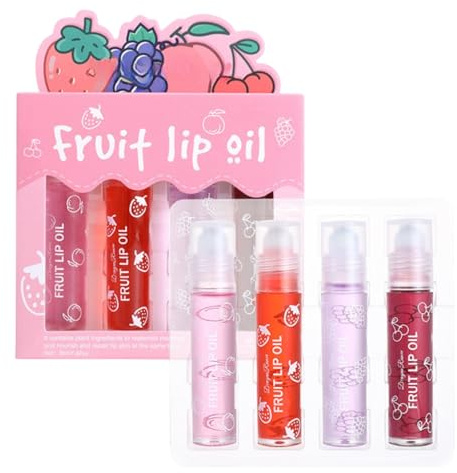 4PCS Fruchtig Lipglosse,Frische Lippenglasur Transparente farblose feuchtigkeitsspendende Lippenlotion,Roll on Lip Glow Oil mit Pfirsich,Erdbeere,Traube,Kirsche,Natürliche Inhaltsstoffe,Lipgloss Set