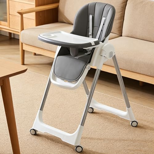 Verdego Hochstuhl Baby, Kinderhochstuhl Klappbar mit Doppellagigem Essteller, Höhenverstellbar, 5 Punkt Gurt, Babystuhl Verstellbare Rückenlehne, Mitwachsend ab 0 bis 36 Monate, Dunkelgrau