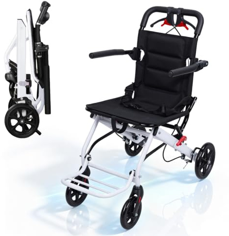 Lightweight Foldable Wheelchair 13.6lbs 180lbs Capacity Transport Chair | Ultra Lightweight Foldable Transport Wheelchair Aluminum Frame 360° Front Casters Shock-Absorbing Tires Flip-Up Armrests