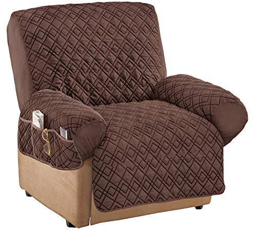 Collections Etc Diamond-Shape Quilted Stretch Recliner Cover with Storage Pockets and Elastic Straps - Furniture Protector, Chocolate, Recliner