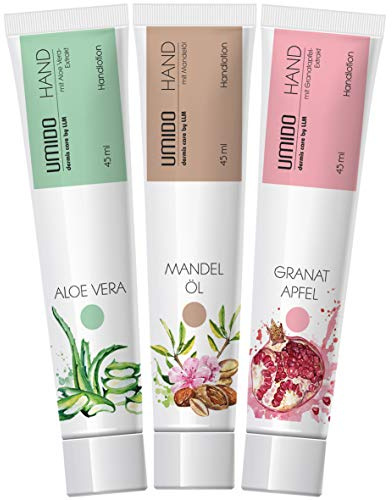 UMIDO 3 Stück Set Hand-Lotion Set 45 ml | 1x Aloe-Vera | 1x Mandelöl | 1x Granatapfel | Handcreme | Pflegecreme | Hand-Pflege | Handcreme Set