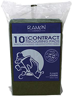 Ramon Hygiene Pack of 10 Contract Grade Flat Pan Scouring Pad, 23x15cm, Green, Abrasive Cleaning For Commercial Or Domestic Use