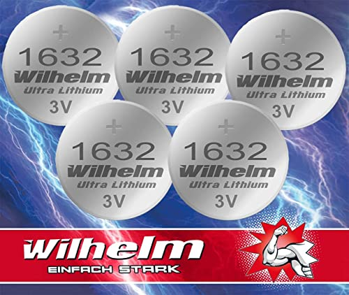 5 batterie a bottone al litio CR1632 CR 1632 WILHELM, 3 V, 140 mAh, ø16 x 3,2 mm, DL1632