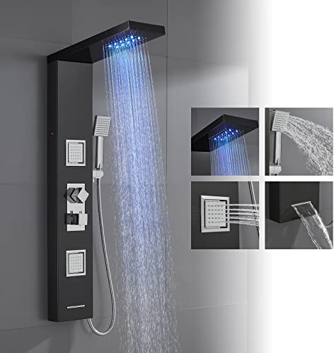 ROVOGO Black Thermostatic Shower Panel Tower System with LED Lights - Stainless Steel 304 Shower Column with Rainfall Shower Head, 2 Big Massage Jets, Hand Shower, Tub Spout