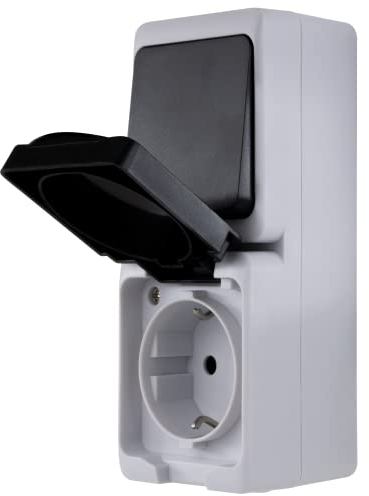 REV - AquaMini, Steckdose - A/W Schalterkombi Feuchtraum, 38% weniger Volumen, HxBxL: 48x56x145mm, IP54, zweipolig, 16A, Aufputz, grau