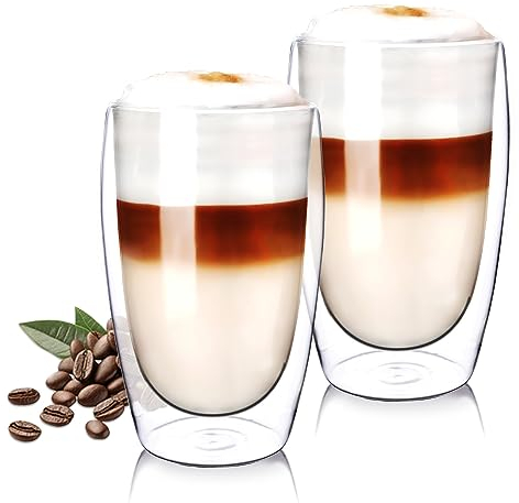 Wessper Doppelwandig Kaffeegläser 2 Stück x 450 ml Latte Machiatto Gläser | Großes Hitzebeständiges Doppelwandglas Thermogläser | Kaffeegläser temperaturbeständig Mokkatassen, Teegläser