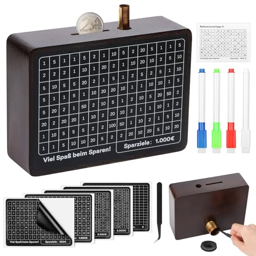 Selizo Spardose Holz,Sparbox mit Zahlen Ankreuzen,Sparbox with Ziel,Spardose mit zähler Zum Ankreuzen,Sparschwein mit Sparziel,Spardoses €500 €1,000 €2,000 €3,000 €5,000 Euro Keine Montage